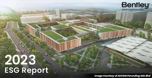 Thumbnail image of the cover of the 2023 ESG report with a buildings in the background during the day time