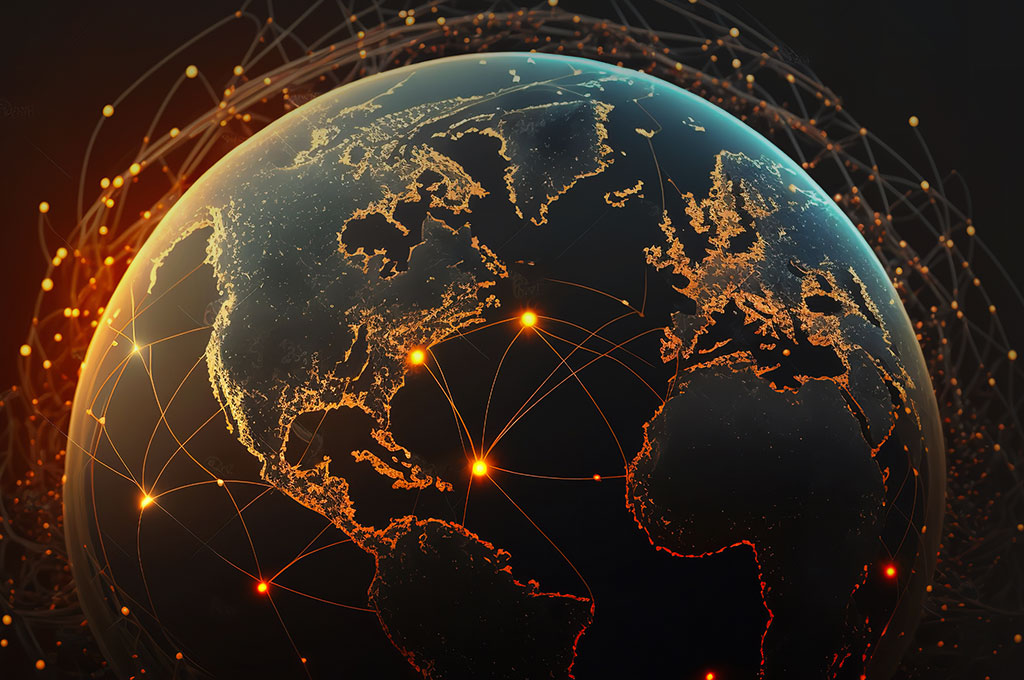 A digital illustration of the Earth shows a view of North America, Europe, and Africa, with green glowing points and connecting lines, symbolizing global digital connectivity and the engineering services behind our network infrastructure.