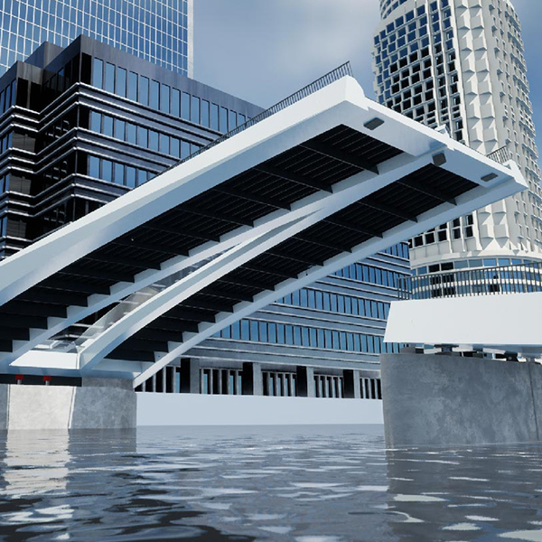 A 3d model of a bridge over a body of water.