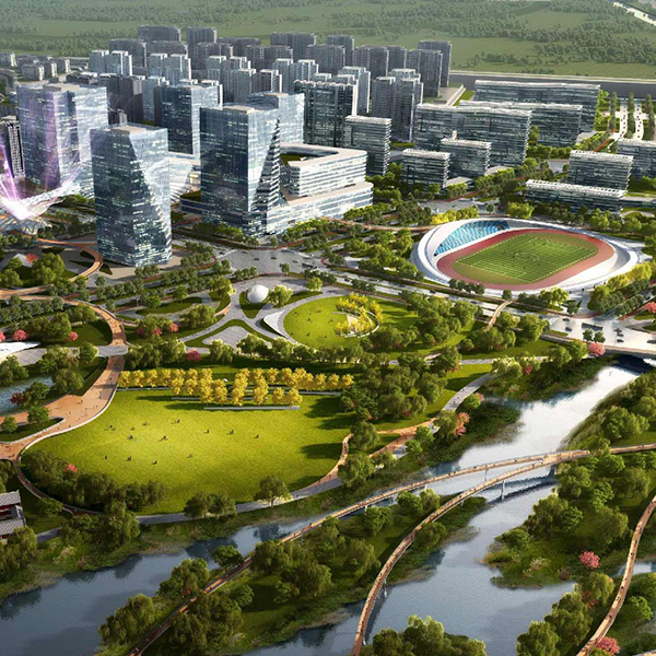 A rendering of an aerial view of a city with a park and a river.