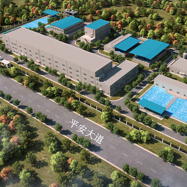 A computer rendering of an aerial view of a factory with a swimming pool.
