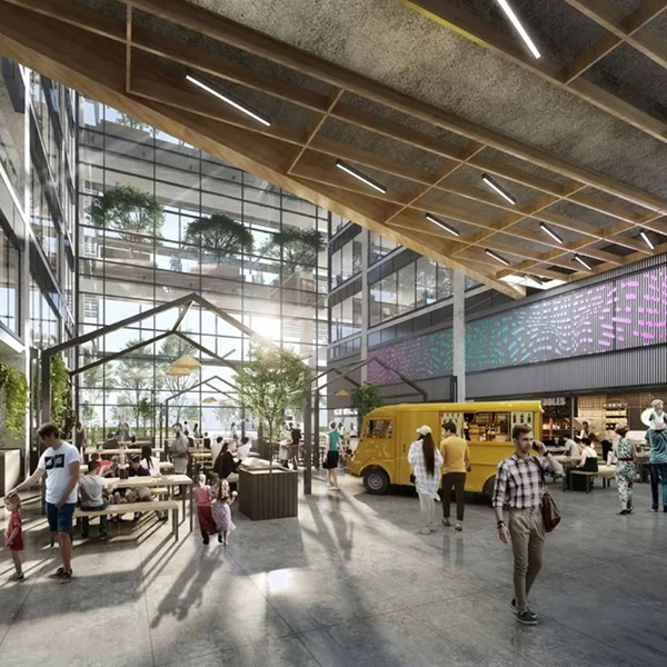 An artist's rendering of a large indoor space with people walking around.