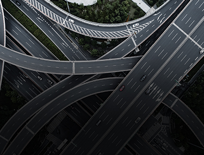 An aerial view of an intersection of highways.
