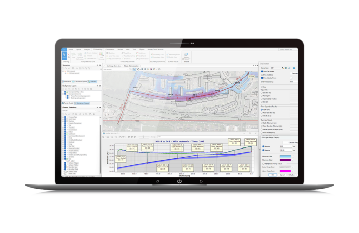 A laptop screen displaying GIS software with a map, data tables, and various analytical tools visible.