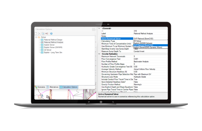 A laptop screen displaying a software interface with calculation options for numerical solvers. The interface includes a selection list and various configuration settings.