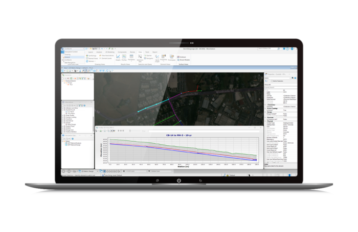 A laptop screen displays geographic mapping software with aerial imagery, various data layers, and a line graph in the lower panel.